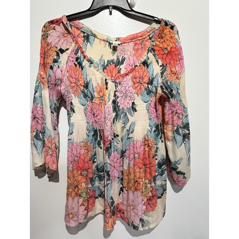 Spense Floral Smocked Peasant Blouse Coral Pink Large 3/4 Sleeve V-Neck Boho Top